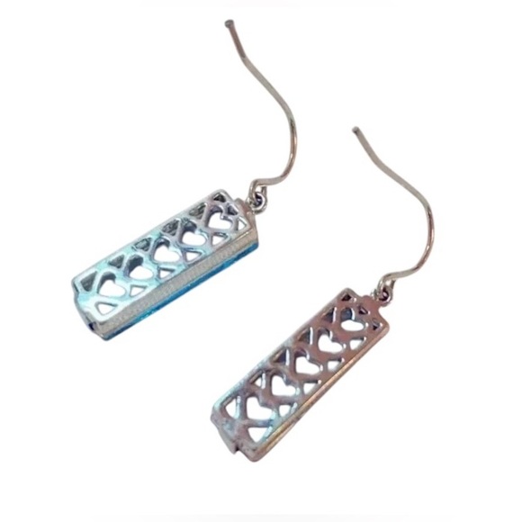 Vintage Aqua & Silver Tone Drop Rectangle Shaped Earrings w/ Fish Hook Closures - Picture 2 of 6
